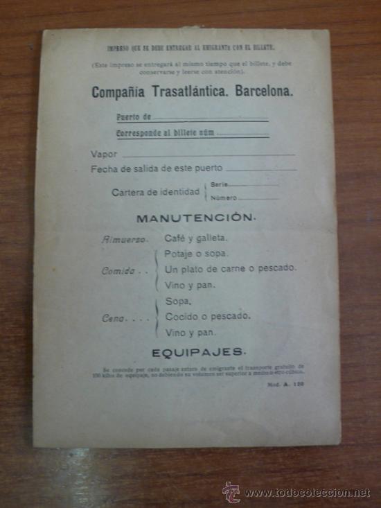 Collectionnisme Billets de transport: COMPAN&Iacute;A TRASATL&Aacute;NTICA. BARCELONA. IMPRESO QUE SE DEBE ENTREGAR AL EMIGRANTE CON EL BILLETE. a&ntilde;os 20
