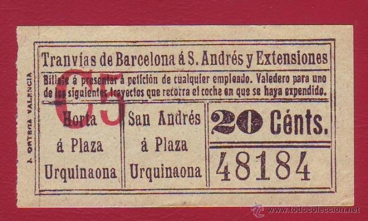 Collectionnisme Billets de transport: BILLETE DE TRANV&Iacute;AS DE BARCELONA A SAN ANDR&Eacute;SY EXTENSIONES - 20 CTMS. - CAPICUA