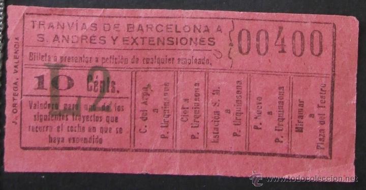 Sammeln von Fahrkarten: BILLETE TRANV&Iacute;AS DE BARCELONA A SAN ANDR&Eacute;S Y EXT. \ VARIOS TRAYECTOS \ 10 CTS (A&Ntilde;O 1920) - CAPICUA