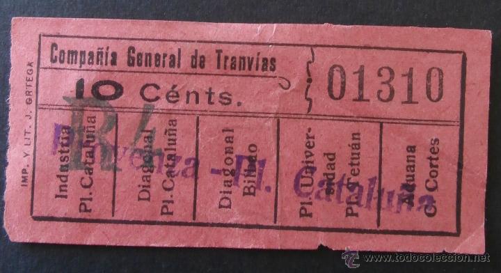 Coleccionismo Billetes de transporte: BILLETE COMPA&Ntilde;&Iacute;A GENERAL DE TRANV&Iacute;AS \ BARCELONA \ PROVENZA - PLAZA CATALU&Ntilde;A \ 10 CTS - CAPICUA
