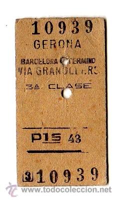 Colecionismos Bilhetes de Transporte: Billete de tren / Renfe / Gerona - Barcelona T&eacute;rmino, V&iacute;a Granollers / Tercera Clase (1965)