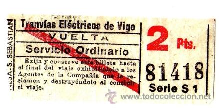 Sammeln von Fahrkarten: Billete Tranv&iacute;a \ Tranv&iacute;as El&eacute;ctricos de Vigo \ Vuelta \ Servicio Ordinario \ 2 ptas \ Capicua
