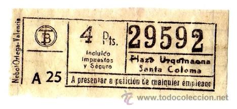 Coleccionismo Billetes de transporte: Billete Tranv&iacute;a de Barcelona \ Plaza Urquinaona - Santa Coloma \ 4 ptas \ Capicua