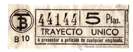 Coleccionismo Billetes de transporte: Billete Tranv&iacute;a de Barcelona \ 5 ptas \ Trayecto &Uacute;nico \ Capicua