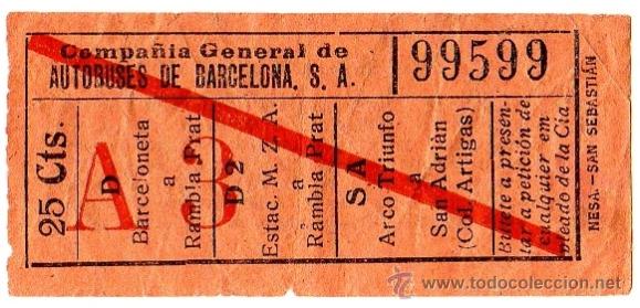 Collectables Transport Tickets: Billete Compa&ntilde;&iacute;a General de Autobuses de Barcelona \ Varios trayectos \ 25 cts \ Capicua