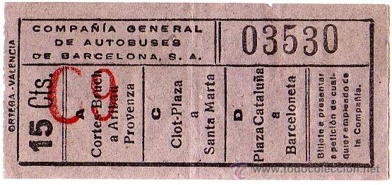 Collectables Transport Tickets: Billete Compa&ntilde;&iacute;a General de Autobuses de Barcelona \ Varios trayectos \ 15 cts \ Capicua