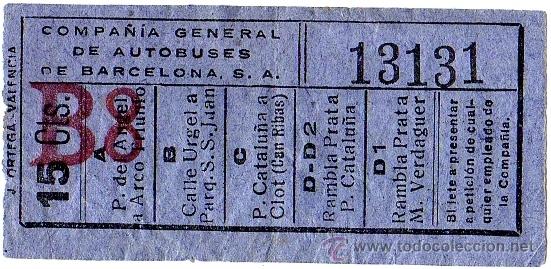 Collectables Transport Tickets: Billete Compa&ntilde;&iacute;a General de Autobuses de Barcelona \ Varios trayectos \ 15 cts \ Capicua
