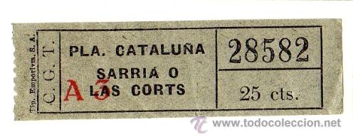Colecionismos Bilhetes de Transporte: Billete Compa&ntilde;&iacute;a General de Tranv&iacute;as (CGT) \ Plaza Catalu&ntilde;a - Sarria - Las Corts \ 25 cts \ Capicua
