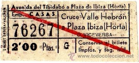 Colecionismos Bilhetes de Transporte: Billete Empresa Casas \ Cruce Valle Hebr&oacute;n - Plaza Ibiza (Horta) \ 2 ptas \ Capicua