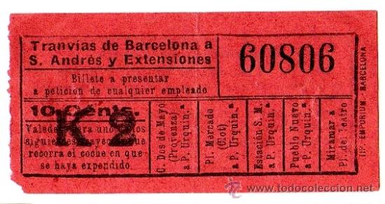 Colecionismos Bilhetes de Transporte: BILLETE TRANV&Iacute;AS DE BARCELONA A SAN ANDR&Eacute;S Y EXT. \ VARIOS TRAYECTOS \ 10 CTS \ CAPICUA