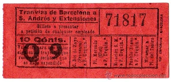 Colecionismos Bilhetes de Transporte: BILLETE TRANV&Iacute;AS DE BARCELONA A SAN ANDR&Eacute;S Y EXT. \ VARIOS TRAYECTOS \ 10 CTS \ CAPICUA