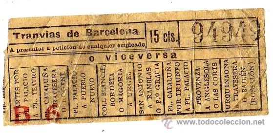 Sammeln von Fahrkarten: Billete tranv&iacute;a \ Tranv&iacute;as de Barcelona \ Varios trayectos \ 15 cts \ Capicua