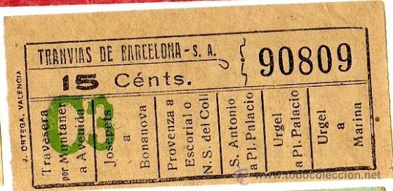 Collectables Transport Tickets: Billete tranv&iacute;a \ Tranv&iacute;as de Barcelona \ Varios trayectos \ 15 cts \ Capicua