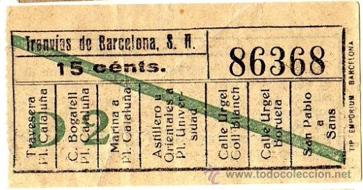 Collectables Transport Tickets: Billete tranv&iacute;a \ Tranv&iacute;as de Barcelona \ Varios trayectos \ 15 cts \ Capicua