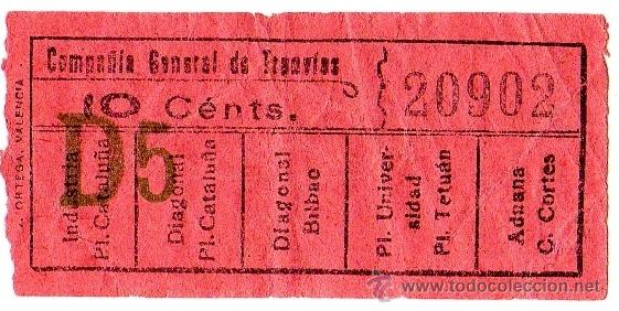 Coleccionismo Billetes de transporte: BILLETE COMPA&Ntilde;&Iacute;A GENERAL DE TRANV&Iacute;AS (CGT) \ VARIOS TRAYECTOS \ 10 CTS \ CAPICUA