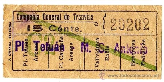 Coleccionismo Billetes de transporte: BILLETE COMPA&Ntilde;&Iacute;A GENERAL DE TRANV&Iacute;AS (CGT) \ PLAZA TETU&Aacute;N - MERCADO SAN ANTONIO \ 15 CTS \ CAPICUA