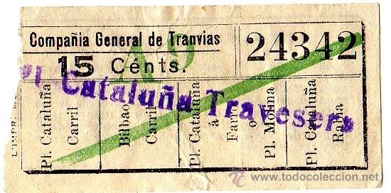 Coleccionismo Billetes de transporte: BILLETE COMPA&Ntilde;&Iacute;A GENERAL DE TRANV&Iacute;AS (CGT) \ PLAZA CATALU&Ntilde;A - TRAVESERA \ 15 CTS \ CAPICUA