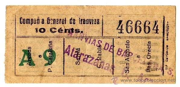 Coleccionismo Billetes de transporte: BILLETE COMPA&Ntilde;&Iacute;A GENERAL DE TRANV&Iacute;AS (CGT) \ ATARAZANAS - ARAG&Oacute;N (SELLO TRANV&Iacute;AS BARCELONA) \ 10 CTS