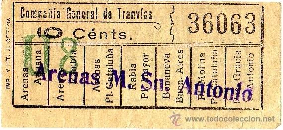 Coleccionismo Billetes de transporte: BILLETE COMPA&Ntilde;&Iacute;A GENERAL DE TRANV&Iacute;AS (CGT) \ ARENAS - MERCADO SAN ANTONIO \ 10 CTS \ CAPICUA