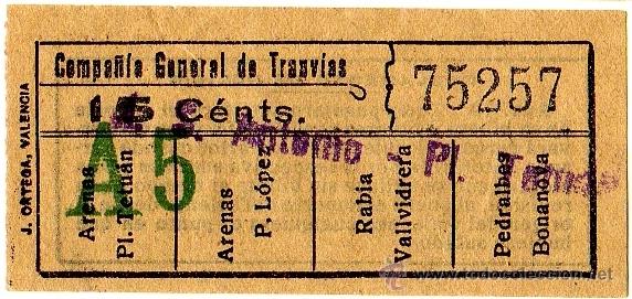 Sammeln von Fahrkarten: BILLETE COMPA&Ntilde;&Iacute;A GENERAL DE TRANV&Iacute;AS (CGT) \ MERCADO SAN ANTONIO - PLAZA TETU&Aacute;N \ 15 CTS \ CAPICUA
