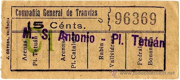 Sammeln von Fahrkarten: BILLETE COMPA&Ntilde;&Iacute;A GENERAL DE TRANV&Iacute;AS (CGT) \ MERCADO SAN ANTONIO - PLAZA TETU&Aacute;N \ 15 CTS \ CAPICUA