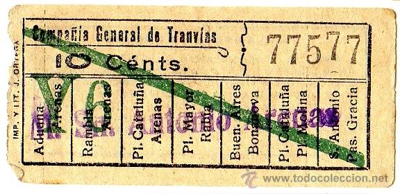 Sammeln von Fahrkarten: BILLETE COMPA&Ntilde;&Iacute;A GENERAL DE TRANV&Iacute;AS (CGT) \ MERCADO SAN ANTONIO - ARENAS \ 10 CTS \ CAPICUA