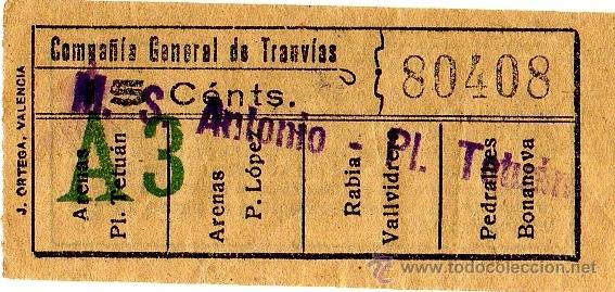 Coleccionismo Billetes de transporte: BILLETE COMPA&Ntilde;&Iacute;A GENERAL DE TRANV&Iacute;AS (CGT) \ MERCADO SAN ANTONIO - PLAZA TETU&Aacute;N \ 15 CTS \ CAPICUA