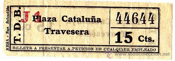 Collectables Transport Tickets: BILLETE TRANV&Iacute;A DE BARCELONA (TDB) \ PLAZA CATALU&Ntilde;A - TRAVESERA \ 15 CTS - CAPICUA