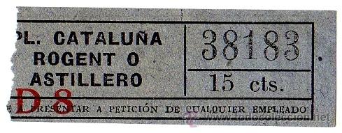Collectables Transport Tickets: BILLETE TRANV&Iacute;A DE BARCELONA (TDB) \ PLAZA CATALU&Ntilde;A - ROGENT O ASTILLERO \ 15 CTS - CAPICUA