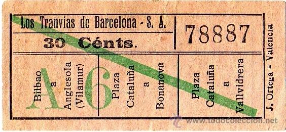 Collectables Transport Tickets: Billete tranv&iacute;a \ Los Tranv&iacute;as de Barcelona \ Varios trayectos \ 30 cts \ Capicua