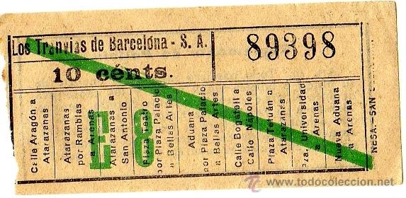 Collectables Transport Tickets: Billete tranv&iacute;a \ Los Tranv&iacute;as de Barcelona \ Varios trayectos \ 10 cts \ Capicua
