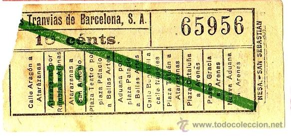 Collectionnisme Billets de transport: Billete tranv&iacute;a \ Los Tranv&iacute;as de Barcelona \ Varios trayectos \ 10 cts \ Capicua