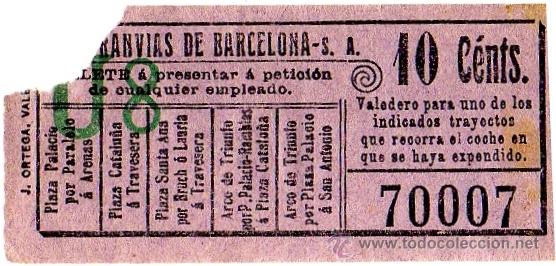 Collectionnisme Billets de transport: Billete tranv&iacute;a \ Los Tranv&iacute;as de Barcelona \ Varios trayectos \ 10 cts \ Capicua