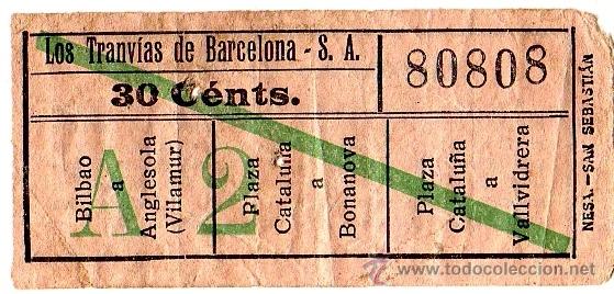 Collectionnisme Billets de transport: Billete tranv&iacute;a \ Los Tranv&iacute;as de Barcelona \ Varios trayectos \ 30 cts \ Capicua