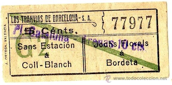 Collectionnisme Billets de transport: Billete tranv&iacute;a \ Los Tranv&iacute;as de Barcelona \ P. Catalu&ntilde;a - Arenas \ 5 cts - Sello 10 cts \ Capicua