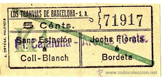 Collectionnisme Billets de transport: Billete tranv&iacute;a \ Los Tranv&iacute;as de Barcelona \ P. Catalu&ntilde;a - Arenas \ 5 cts - Sello 10 cts \ Capicua
