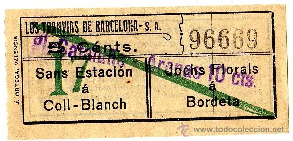 Coleccionismo Billetes de transporte: Billete tranv&iacute;a \ Los Tranv&iacute;as de Barcelona \ P. Catalu&ntilde;a - Arenas \ 5 cts - Sello 10 cts \ Capicua