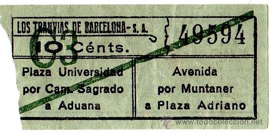 Collectionnisme Billets de transport: Billete tranv&iacute;a \ Los Tranv&iacute;as de Barcelona \ Varios trayectos \ 10 cts \ Capicua