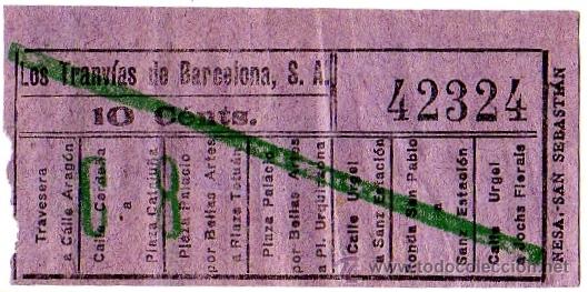 Collectionnisme Billets de transport: Billete tranv&iacute;a \ Los Tranv&iacute;as de Barcelona \ Varios trayectos \ 10 cts \ Capicua