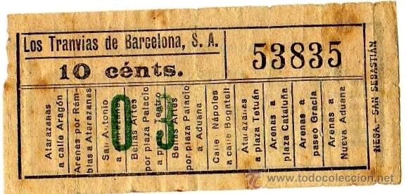 Collectionnisme Billets de transport: Billete tranv&iacute;a \ Los Tranv&iacute;as de Barcelona \ Varios trayectos \ 10 cts \ Capicua