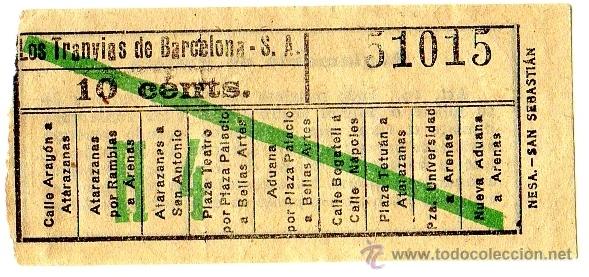 Collectionnisme Billets de transport: Billete tranv&iacute;a \ Los Tranv&iacute;as de Barcelona \ Varios trayectos \ 10 cts \ Capicua