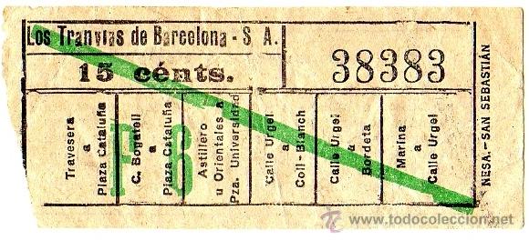 Collectionnisme Billets de transport: Billete tranv&iacute;a \ Los Tranv&iacute;as de Barcelona \ Varios trayectos \ 15 cts \ Capicua