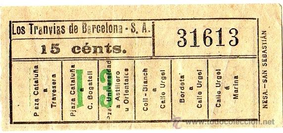Colecionismos Bilhetes de Transporte: Billete tranv&iacute;a \ Los Tranv&iacute;as de Barcelona \ Varios trayectos \ 15 cts \ Capicua