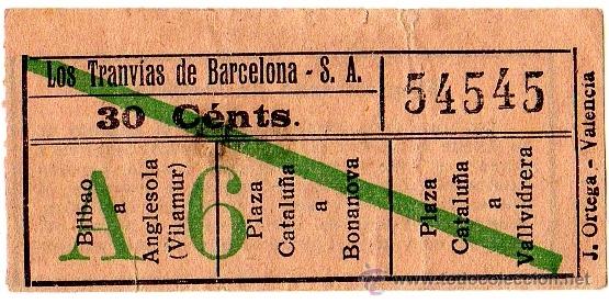 Colecionismos Bilhetes de Transporte: Billete tranv&iacute;a \ Los Tranv&iacute;as de Barcelona \ Varios trayectos \ 30 cts \ Capicua