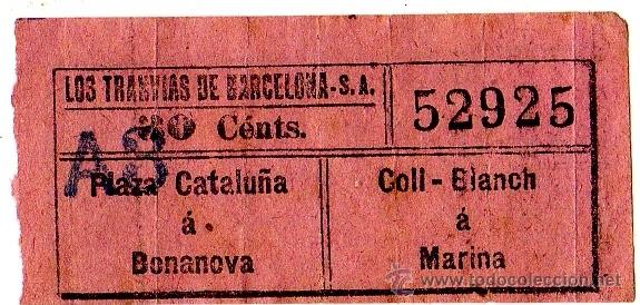 Colecionismos Bilhetes de Transporte: Billete Los Tranv&iacute;as de Barcelona \ P. Catalu&ntilde;a - Bonanova, Coll-Blanch - Marina \ 30 cts \ Capicua