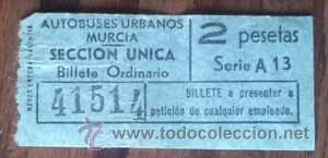 Coleccionismo Billetes de transporte: ANTIGUO BILLETE AUTOBUSES URBANOS DE MURCIA 2 PESETAS SECCION UNICA