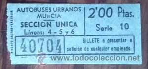 Coleccionismo Billetes de transporte: ANTIGUO BILLETE AUTOBUSES URBANOS DE MURCIA 2,00 PESETAS LINEAS 4-5 Y 6