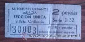 Coleccionismo Billetes de transporte: ANTIGUO BILLETE AUTOBUSES URBANOS DE MURCIA 2 PESETAS SECCION UNICA