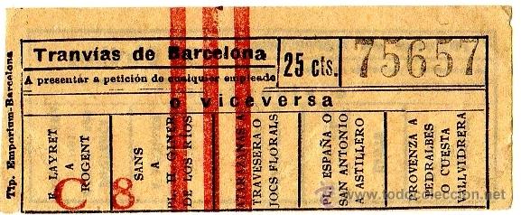 Colecionismos Bilhetes de Transporte: BILLETE TRANV&Iacute;A \ TRANV&Iacute;AS DE BARCELONA \ VARIOS TRAYECTOS \ 25 CTS \ CAPICUA (IMP. EMPORIUM)