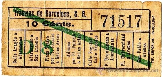 Colecionismos Bilhetes de Transporte: BILLETE TRANV&Iacute;A \ TRANV&Iacute;AS DE BARCELONA \ VARIOS TRAYECTOS \ 10 CTS \ CAPICUA (IMP. EMPORIUM)